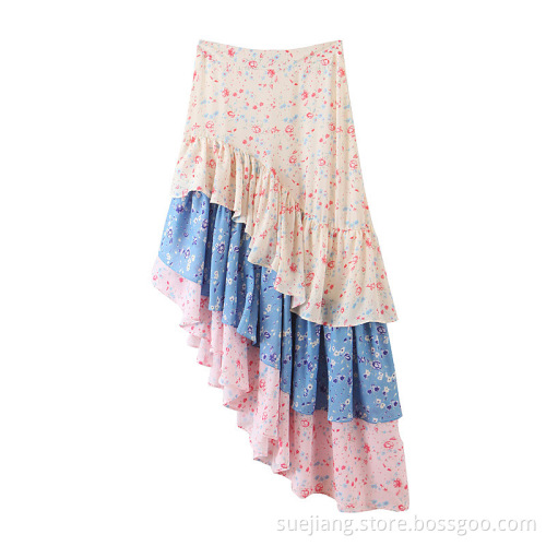 Color Matching Fishtail Design Floral Print Chiffon Skirt